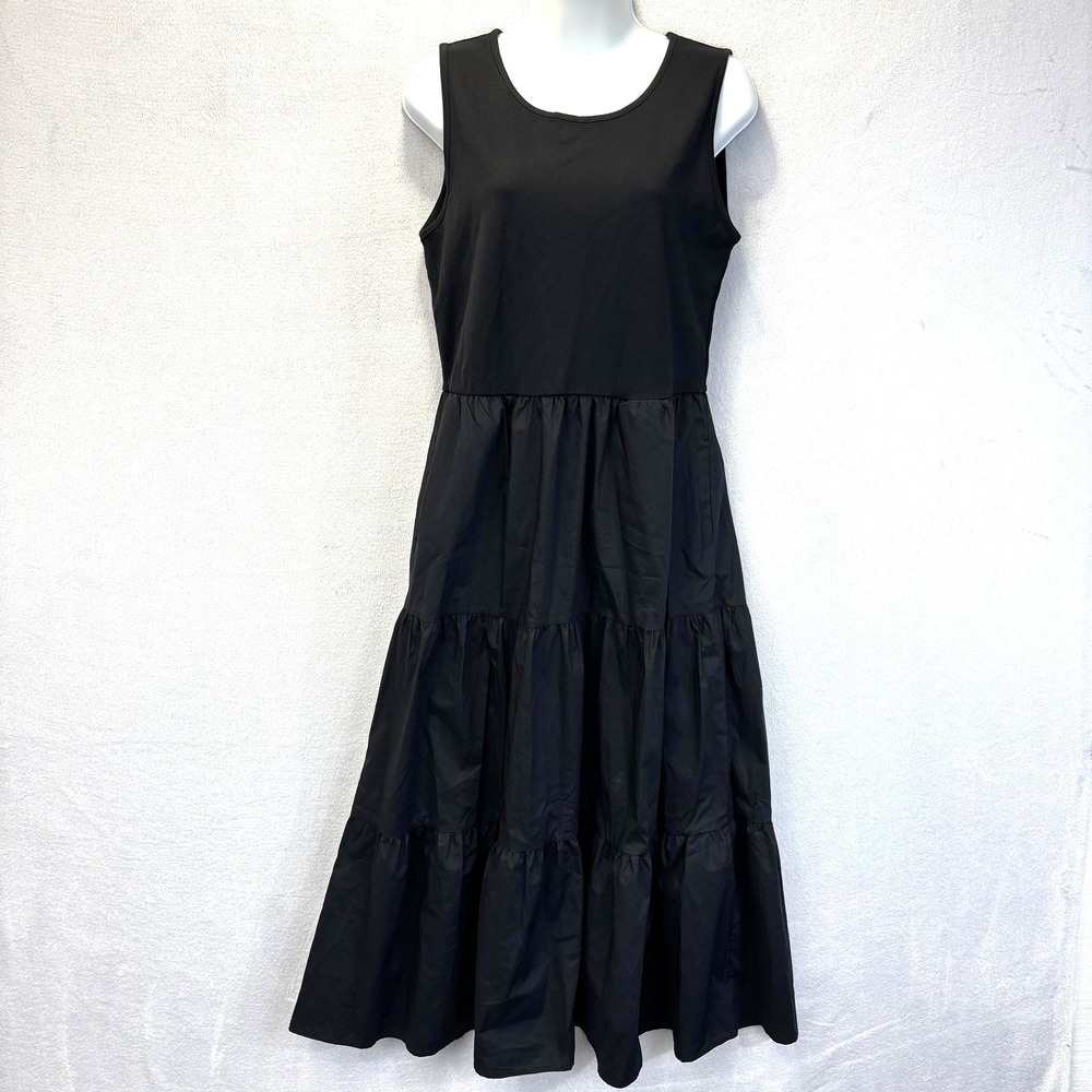 Cynthia Rowley Cotton Tank Midi Dress Womens Medium Black Tiered Pockets Casual